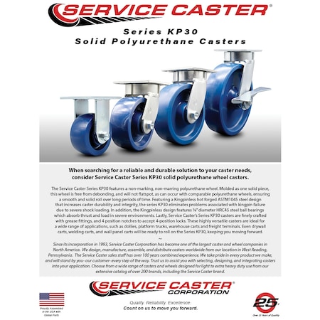 Service Caster 6 Inch Kingpinless Solid Poly Wheel Swivel Caster with Brake SCC-KP30S620-SPUR-SLB